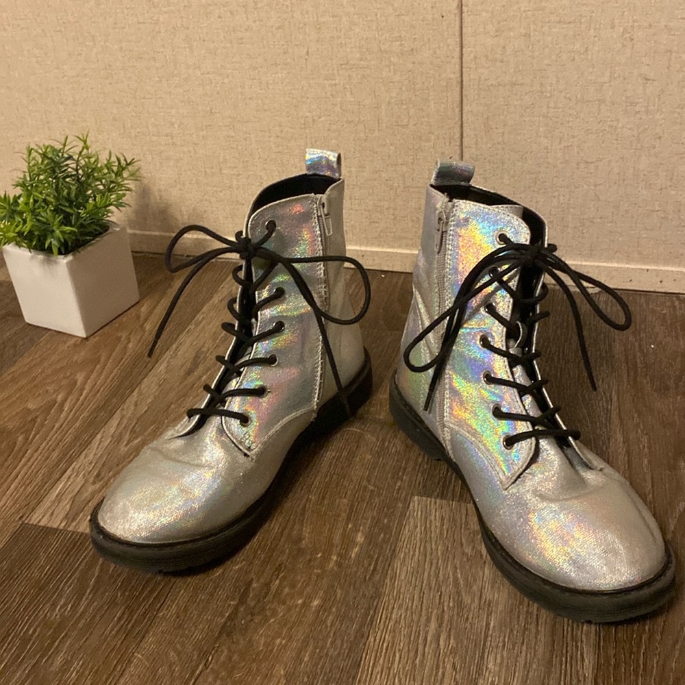 Justice Metallic Combat Boots Silver Size 9